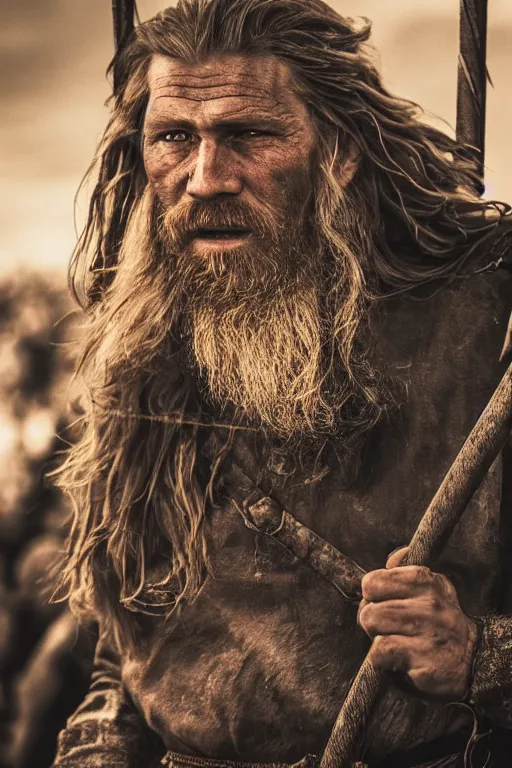 Image similar to realistic photograph of a rugged viking man in the middle of battle, highly detailed, cinematic, portrait, close - up,