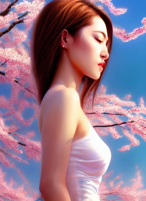 Image similar to photo of a gorgeous female in the style of stefan kostic, realistic, half body shot, sharp focus, 8 k high definition, insanely detailed, intricate, elegant, art by stanley lau and artgerm, extreme blur cherry blossoms background