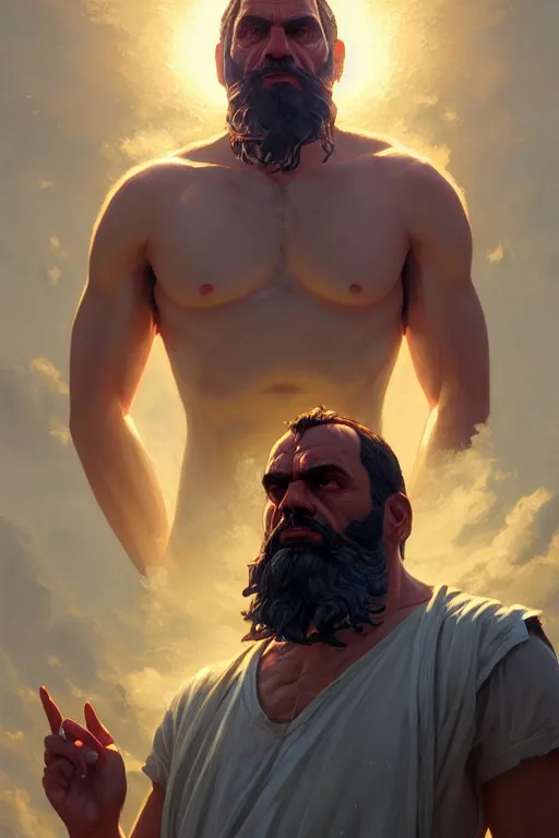 Image similar to highly detailed portrait of god zeus in gta v, stephen bliss, unreal engine, fantasy art by greg rutkowski, rhads, ferdinand knab, makoto shinkai and lois van baarle, ilya kuvshinov, rossdraws, tom bagshaw, global illumination, radiant light, detailed and intricate environment