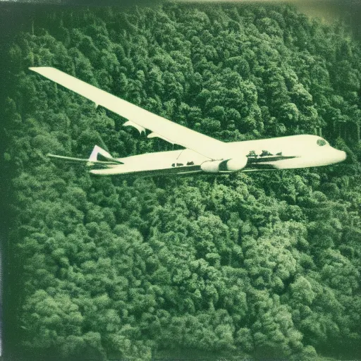 Image similar to heavily green tinted vintage polaroid photograph of a plane flying above a forest, ground level view