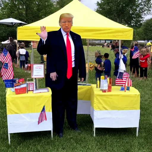 Image similar to donald trump standing behind a lemonade stand, handing out free nuclear codes on the national mall.