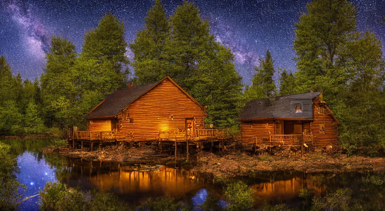 Prompt: A photo of a cabin next to a pond at nighttime, the Milky Way and stars are above, the stars are reflected in pond , 4K high quality, high detail, high definition award winning photo.