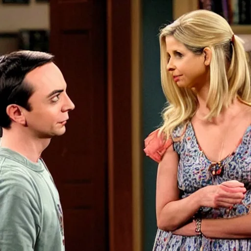 Prompt: a still from The Big Bang Theory of Sarah Michelle Gellar talking to Sheldon Cooper in his living room