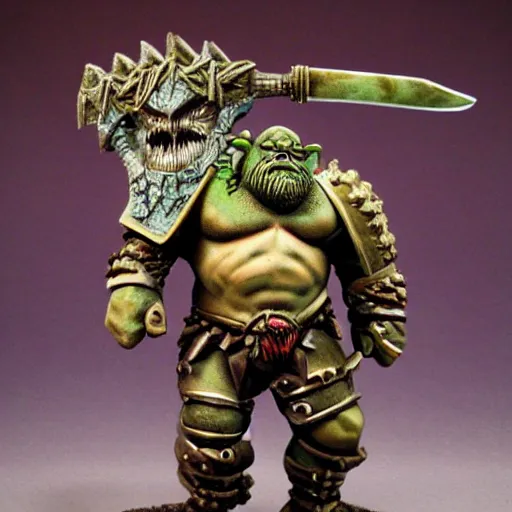 Image similar to ogre warrior wearing plated armor who is holding a battle axe in the style of warhammer fantasy : : head and torso drawing