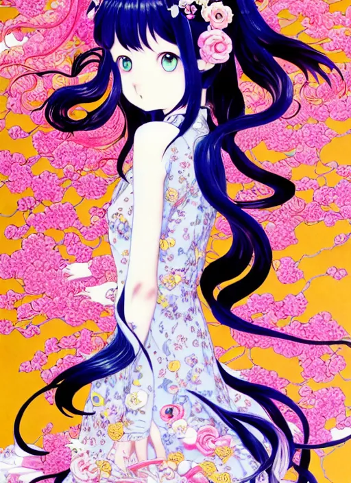 Image similar to exquisite imaginative manga poster of a girl, cats, long wavy hair, rococo dress, shimmering, by kojima ayami, shigenori soejima, minaba hideo,, jump comics, shogakukan, art nouveau, illustration, artstation, highly detailed, 8 k, fluorescent, maximalist