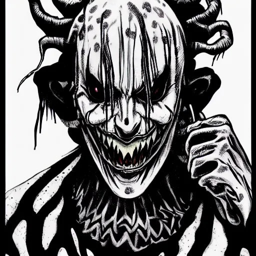 Image similar to full body portrait of villainous jester, dark, twisted, manga, comic, by junji ito. twisted. horror.