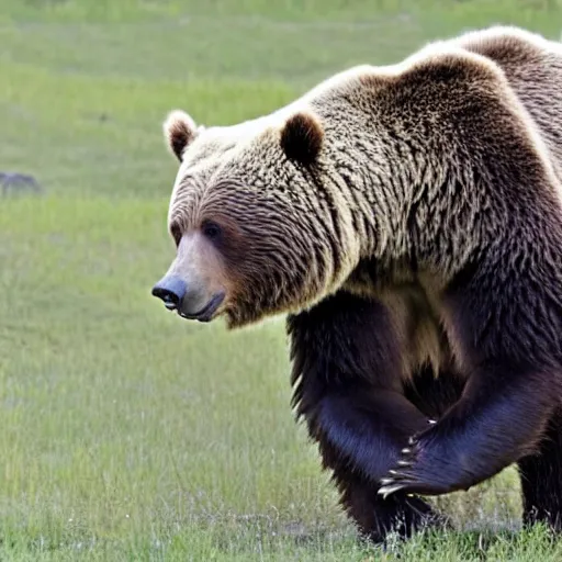 Image similar to grizzly bear holding a mounted minigun