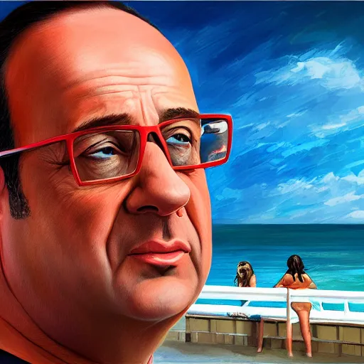 Image similar to a selfie of François Hollande in the show Baywatch, highly detailed, digital painting, artstation, concept art, smooth, sharp focus, illustration, mustach