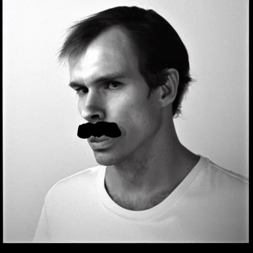 Prompt: A mugshot portrait of a man who looks like Jerma985 with short length wavy hair and a slightly receded hairline and bangs, has a mustache and wearing mid 1980s menswear in the late 1980s, taken in the late 1980s, grainy, realistic, hyperrealistic, very realistic, highly detailed, very detailed, extremely detailed, detailed, trending on artstation, front facing, front view, headshot and bodyshot, detailed face, very detailed face