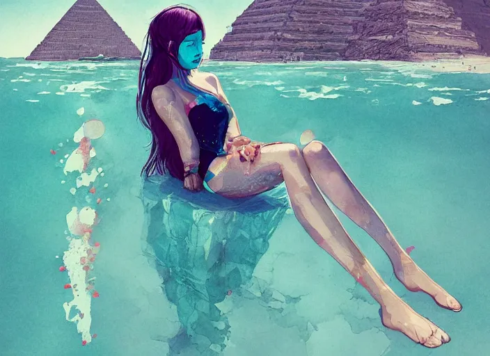 Image similar to lee jin - eun in luxurious dress emerging from turquoise water in egyptian pyramid city during an eclipse by conrad roset, m. k. kaluta, martine johanna, rule of thirds, elegant look, beautiful, chic, face anatomy, cute complexion