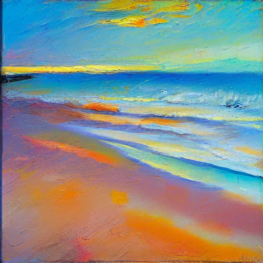 Prompt: leighton beach at sunrise, fremantle, modern, impressionist, highly textured landscape, palette knife, layered, sculptured, dynamic, oil on canvas