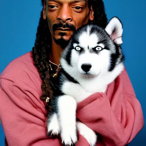 Image similar to Snoop Dogg holding a Husky for a 1990s sitcom tv show, Studio Photograph, portrait, C 12.0