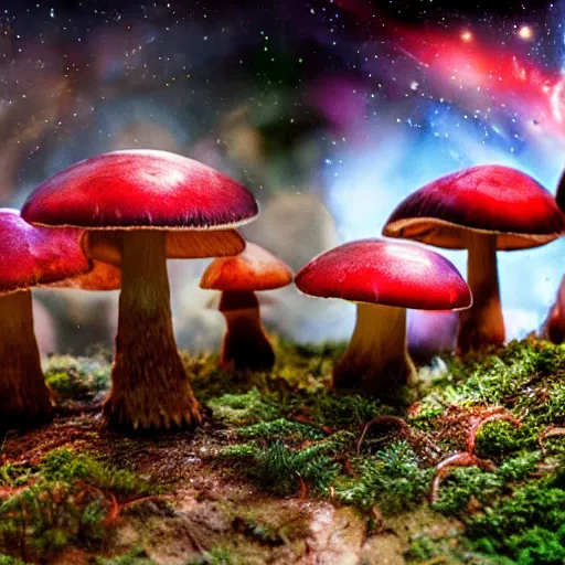 Image similar to ultra realistic hdr photo of mushrooms growing on an ancient alternative exotic alien planet in a galaxy far far away