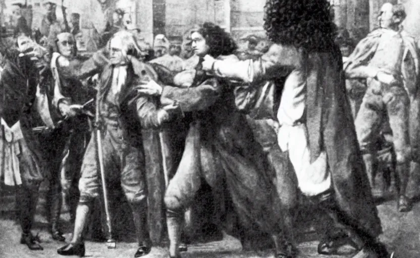 Image similar to a close - up old black and white photo, 1 9 1 3, depicting isaac newton wearing a big wig fighting gottfried leibnitz wearing a big wig in the streets of paris, rule of thirds, historical record