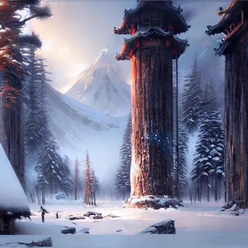 Image similar to a portal from beautiful chinese forest to alaskan tundra snow covered landscape painted by greg rutkowski, makati shinkai, james gurney, wlop