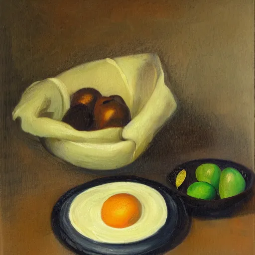 Prompt: a still life portrait of green eggs and ham, oil on canvas, highly detailed