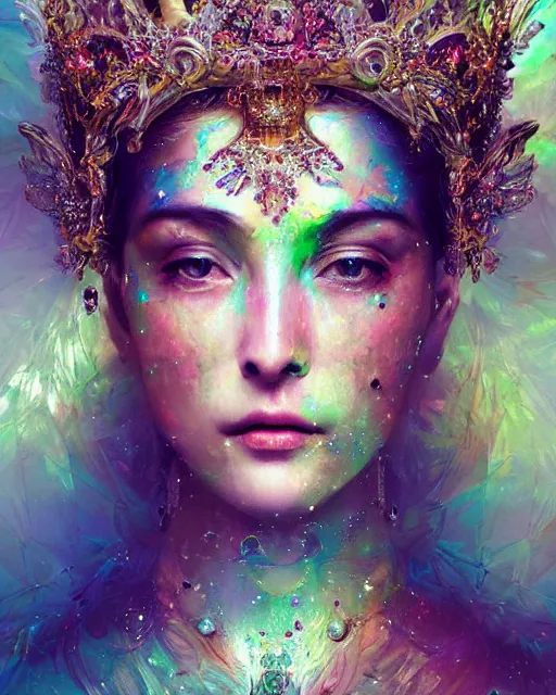 Prompt: 4k cinematic full view iridescent ethereal elysian female wearing intricate religious Madonna crown made of gemstones by Ruan Jia by Alberto Seveso, detailed and realistic, poetic and symbolic, vivid and vibrant, Artstation