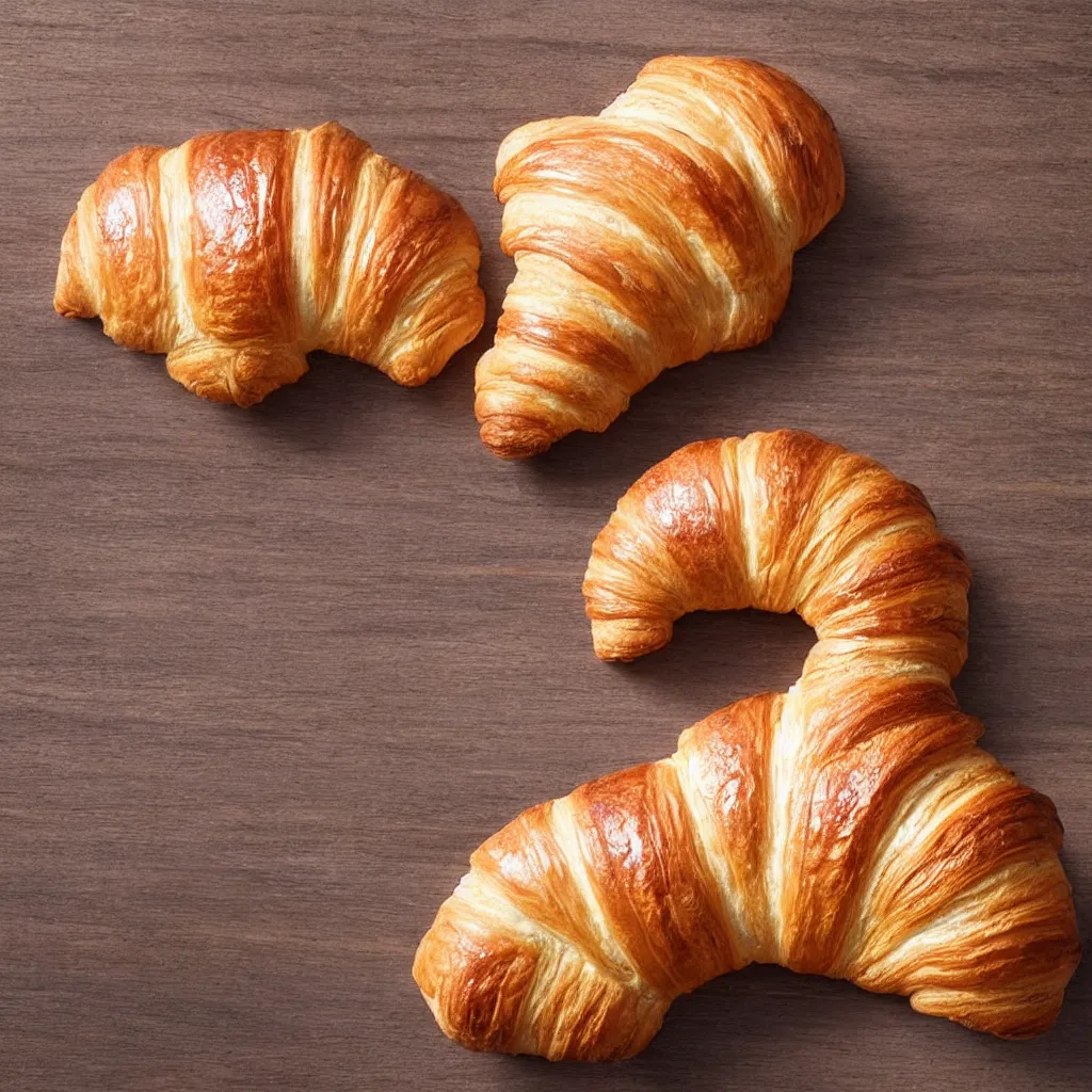 Image similar to close-up photo of a croissant on top of a wooden table, 8k, high detail, photorealistic, proper shading