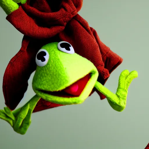 Image similar to kermit meme kermit the frog puppet swinging off a ceiling fan, highly detailed, photo realism, textured puppet, dslr