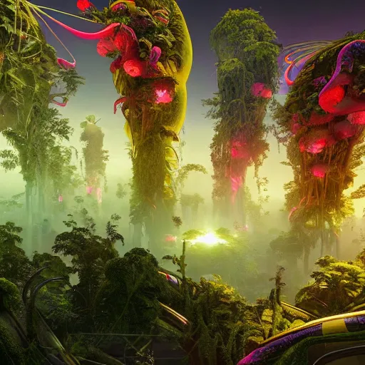 Image similar to lush organic alien skyline, flowers cryengine render by android jones, syd mead, and john stephens