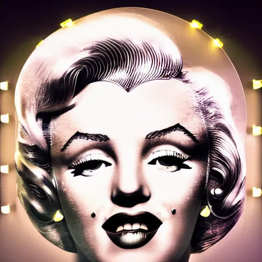 Prompt: beautiful centered Fine art photo portrait of Marilyn Monroe as a solarpunk robotic humanoid, black mechanical parts with led lights, photorealistic, white background wall, highly detailed and intricate, outdoor lighting, HDR 8k