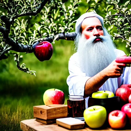 Image similar to beautiful professional photograph of a wizard with a very long white beard, creating, making, brewing, potions, elixirs, potions, in an apple orchard