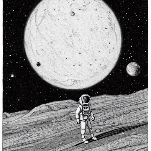 Image similar to Drawing. A beatiful illustration of a planet with two moons in the background. In the foreground, there is a woman wearing a spacesuit and holding a phaser. She is standing on a rocky surface, and there is a ship in the distance. pencil sketch by Steve Argyle, by Mark Ryden composed, lines