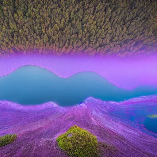 Prompt: Stunning 4K night photograph of a lake covered in purple mist.