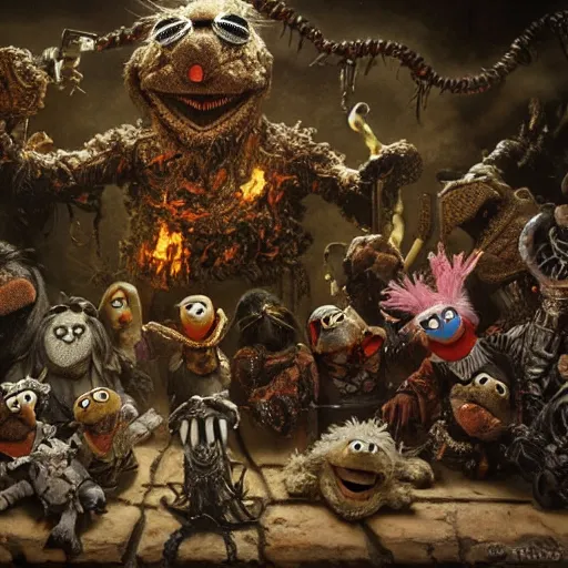 Prompt: muppets being tortured in hell with trumpeters and demons, intricate detail, royo, vallejo, frazetta, giger, whealan, hd, unreal engine,