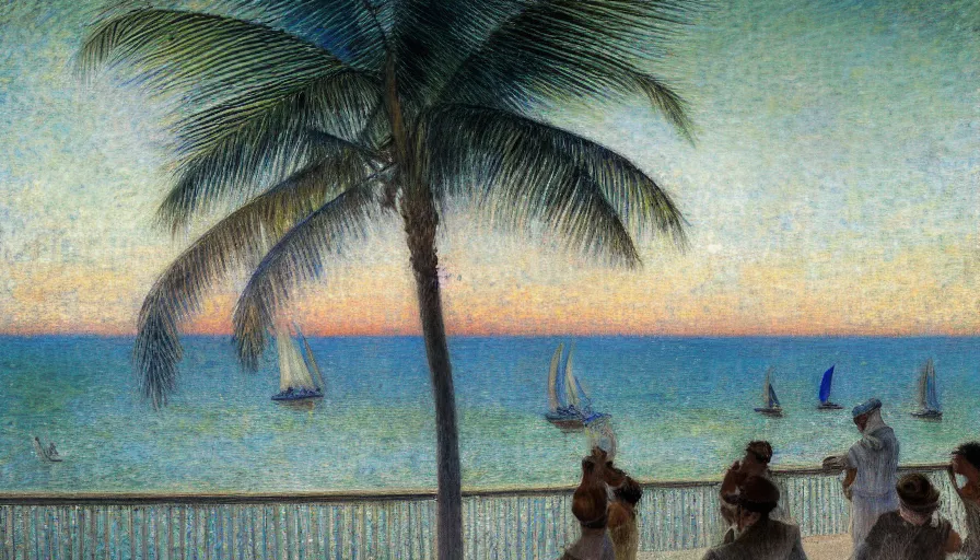 Image similar to a ultradetailed beautiful painting of the night sky of the amazonas pool palace balustrade designed by jules bastien - lepage, tarsila do amaral, frank weston and gustave baumann, beach, trending on artstation, mediterranean, palm trees, sharp focus, sail boats, soft light, 8 k 4 k