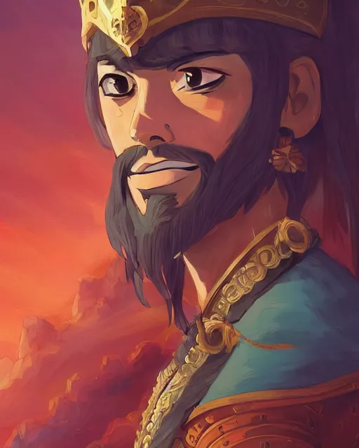 Image similar to digital painting of a conquistador by rossdraws and anato finnstark and studio ghibli, treasure island movie color scheme, symmetric, facial features, portrait, trending on artstation, masterpiece