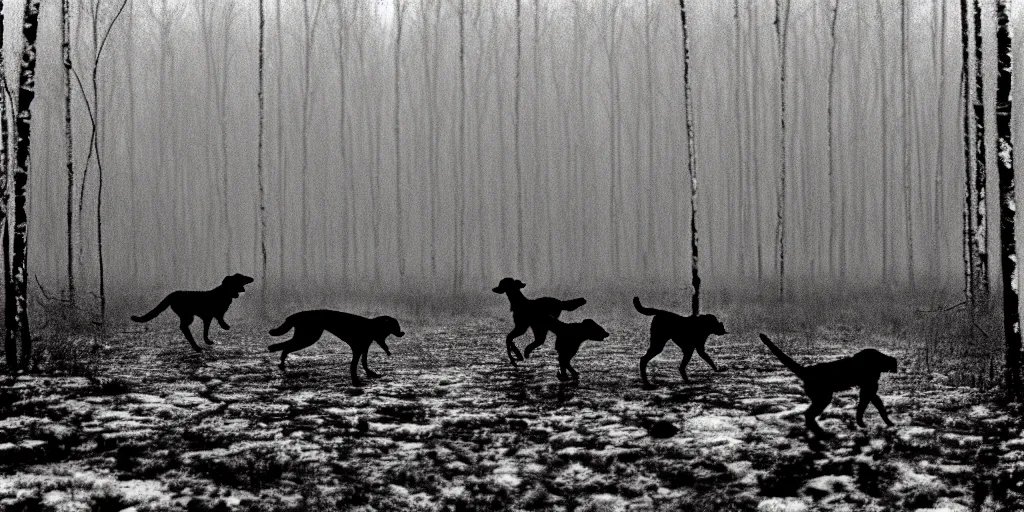 Prompt: movie still by tarkovsky crowd of hunter and crowd of dogs running in a swamp snowy with birch forest backround, cinestill 8 0 0 t 3 5 mm b & w, heavy grain, high quality, noir, natural textures, photorealistic, ambient occlusion, hd, dof, mud, fog