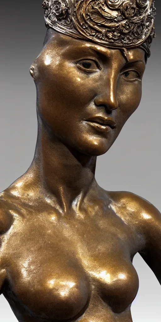 Image similar to detailed photo of an old bronze patina statue of miss universe, full body portrait, various pose, photorealism, intricate detail, museum diffuse lighting