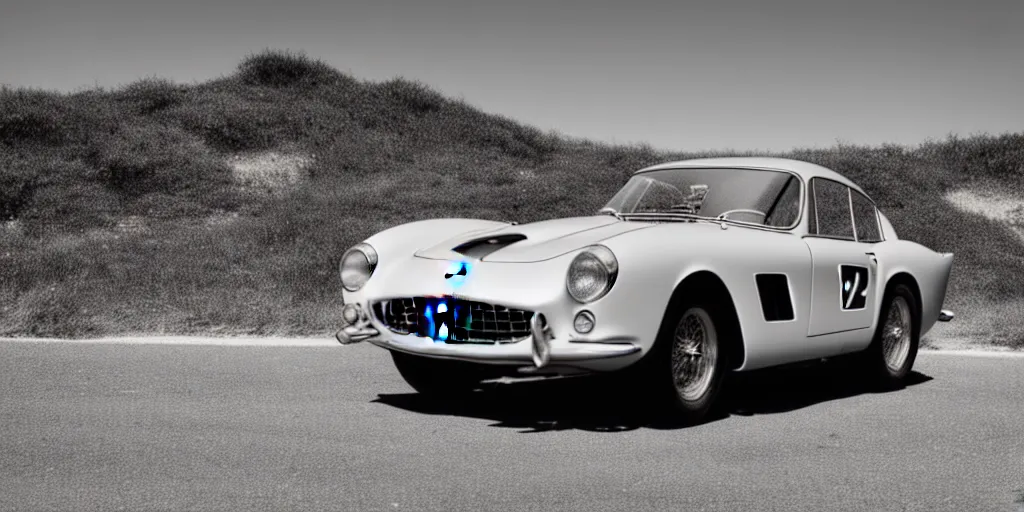 Image similar to photograph, 1958 FERRARI 250 GT, cinematic, PCH, no logo, california coast, 8k, depth of field, bokeh.