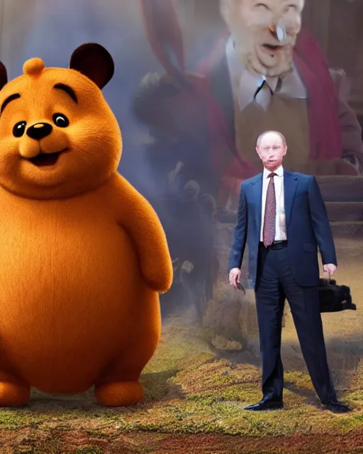 Image similar to movie still of president xi jinping starring as winnie the poo and vladimir putin as rabbit in live action winnie the poo movie, highly detailed, photorealistic