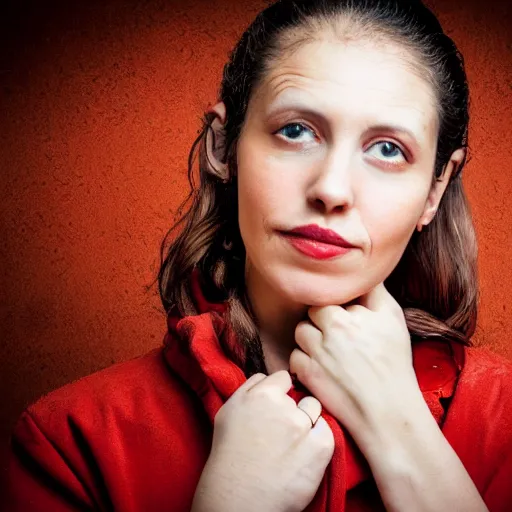 Prompt: portrait of a woman with flower tatoos, brown hair tied, red jacket and orange background, studio lighting