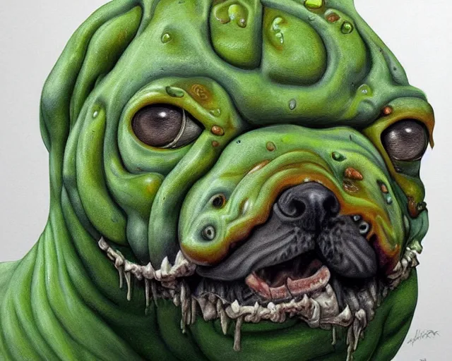 Prompt: Haunting horrifying hyperrealistic detailed painting of a fat dog canine creature made of slime, gelatinous green goop, heavy metal, disgusting, creepy, unsettling, and glowing yellow eyes, hyper detailed, trending on Artstation