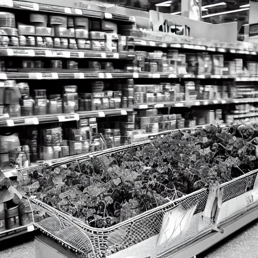 Image similar to a ransacked grocery store, broken signs, filthy flooring. Vines growing. Award-winning photo. OM system 12–40mm PRO II 40mm, 1/100 sec, f/2 8, ISO 800