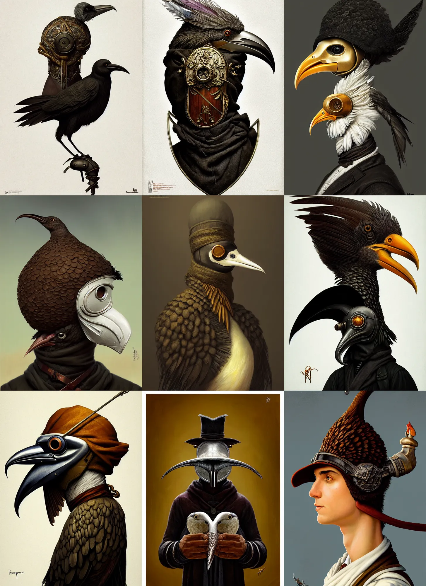 Prompt: rpg! profile! portrait of humanoid bird on white background, beak, feathers, plague doctor, beautiful clothes, intricate, highly detailed, digital painting, artstation, concept art, smooth, sharp focus, illustration, art by norman rockwell emiliano ponzi andrey remnev yoann lossel aaron jasinski, 8 k