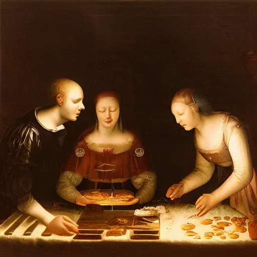 Image similar to one young man and one young woman baking waffles in romantic light painted by davinci