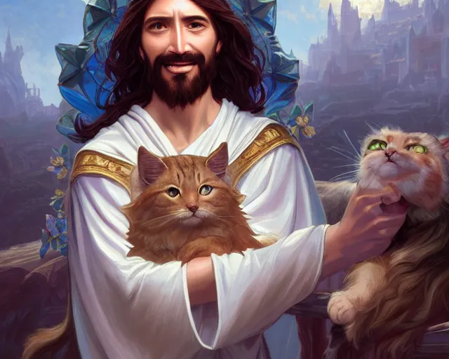 Prompt: photography of jesus christ with uwu smile and cute cat ears, deep focus, d & d, fantasy, intricate, elegant, highly detailed, simple background, digital painting, artstation, concept art, matte, sharp focus, illustration, hearthstone, art by artgerm and greg rutkowski and alphonse mucha