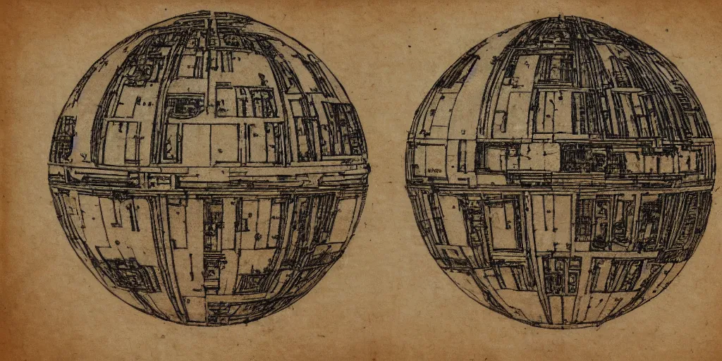 Prompt: the death star architecture diagram by leonardo da vinci, star wars, made on old parchment, highly detailed, trending on artstation