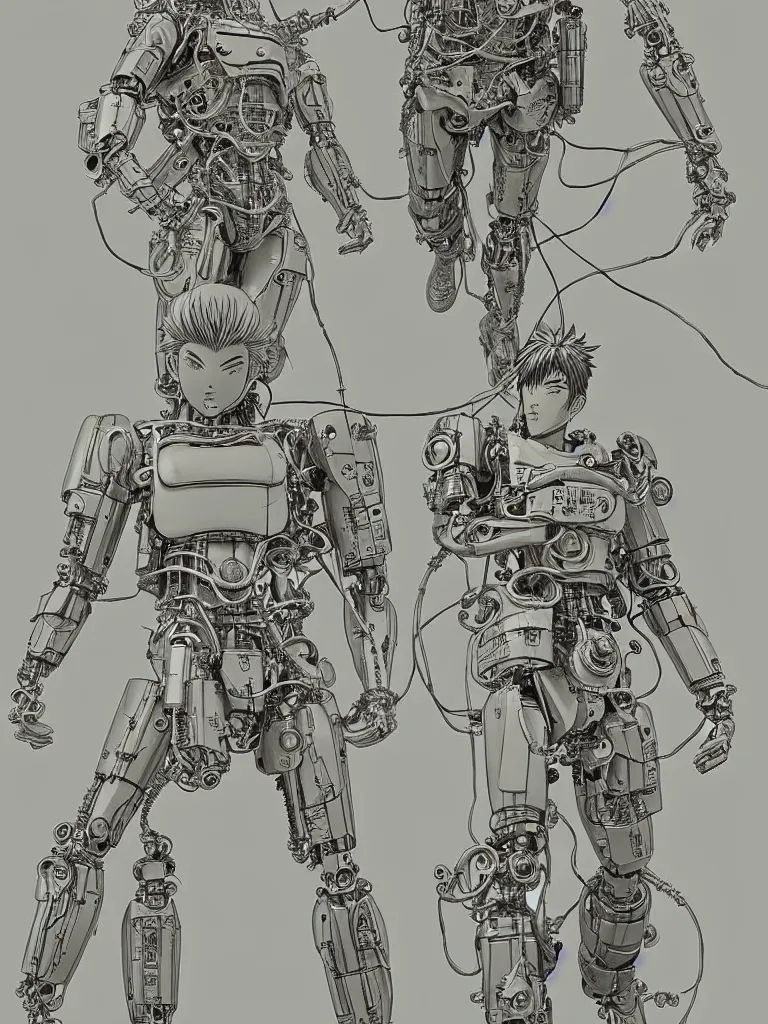 Prompt: prompt: Fragile looking figure, portrait face drawn by Katsuhiro Otomo, accurate full body character drawing, inspired by Evangeleon and Akira 1988, cyborg and wire details parts with details, clean ink detailed line drawing, intricate detail, manga 1990, golden ration composition