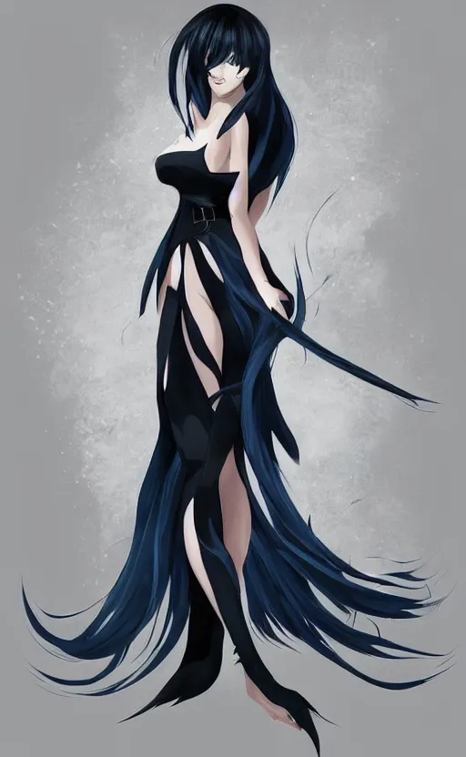 Image similar to ''female anime character with blue long hair, beautiful black and white dress, gorgeous girl, elegant, dynamic pose, character concept, digital art, watercolour, artstation, 4 k''