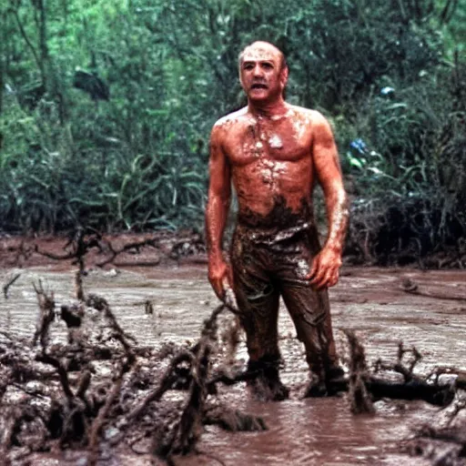 Image similar to cinematic still of sean connery, covered in mud and watching a predator in a swamp in 1 9 8 7 movie predator, hd, 4 k