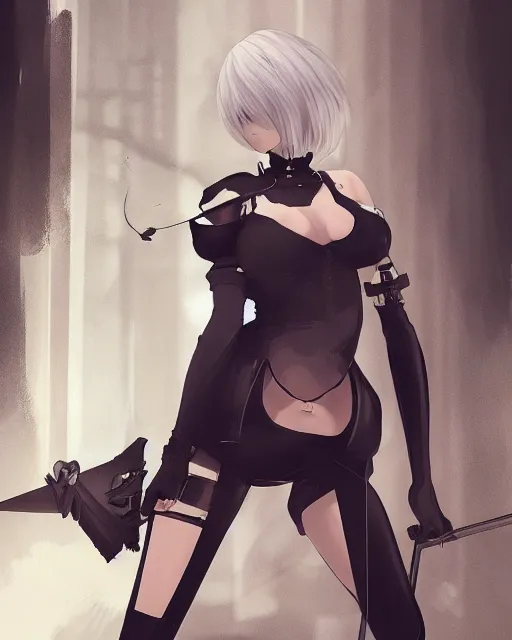 Image similar to 2B from Nier Automata and with slender body type with long hair standing in front of a large building holding a sword, cartoon illustration, trending in artstation, artstationHD, artstationHQ, 8k