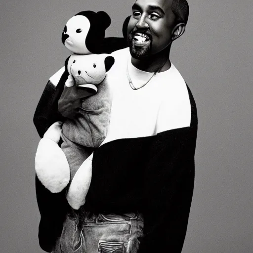 Image similar to Kanye West smiling and holding pikachu for a 1990s sitcom tv show, Studio Photograph, portrait C 12.0