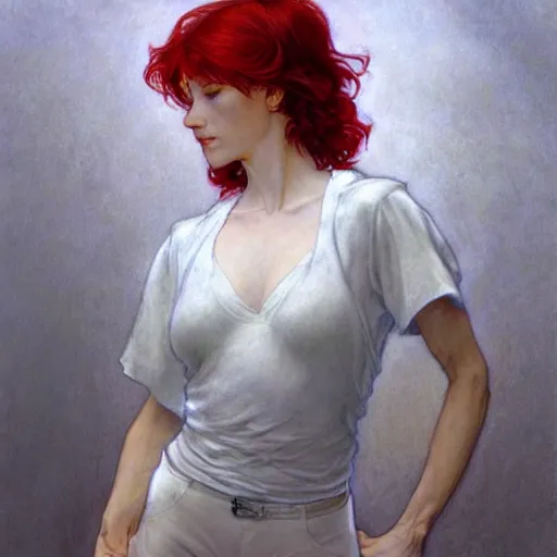 Prompt: A woman with red hair and long pixie haircut in shorts and white shirt drawn by Donato Giancola and Jon Foster, Frank frazetta, Alphonse Mucha, flat grey background by James Jean and Gustav Klimt, volumetric lighting, French Nouveau, trending on artstation