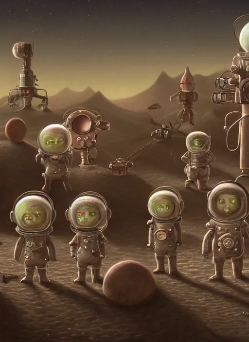 Image similar to highly detailed closeup, group portrait of a 1 8 8 0 s retro toy robots land on the moon, unreal engine, nicoletta ceccoli, mark ryden, earl norem, lostfish, global illumination, detailed and intricate environment