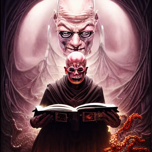 Image similar to uhd photorealistic dark scifi illustration of klaus schwab, reading the necronomicon, wearing orrnate voodoo costume. cinematic lighting, intricate voodoo makeup, bizarre voodoo makeup, in the style of akira toriyama, beksisnski, amano and karol bak, evil, fantasy, hyperdetailed.